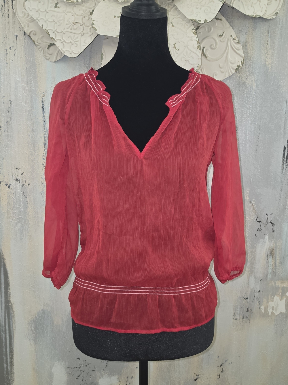 Hollister Y2K Red Semi-Sheer V-Neck Peasant Blouse Size XS